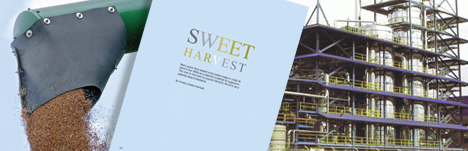 Cover of Sweet Harvest report overlay with grain being harvested and refinery