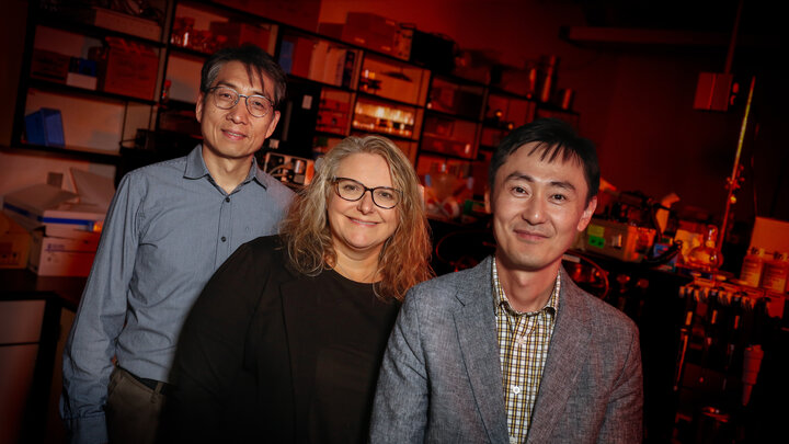 Hyun-Seob Song, associate professor of biological systems engineering and food science and technology; Karrie Weber, professor of Earth and atmospheric sciences and biological sciences; and Seunghee Kim, associate professor of civil engineering, pose for a photograph in a dimly lit lab.