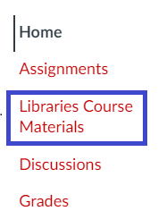 screenshot of Libraries Course Materials menu option in Canvas