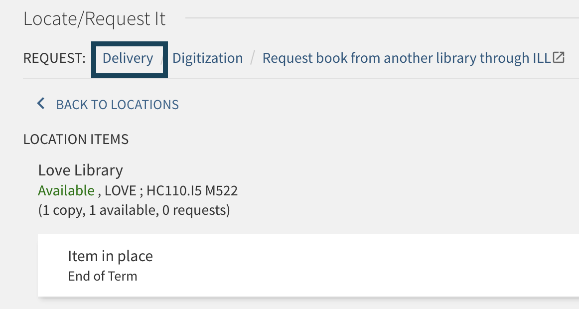 screenshot of book record in the catalog highlighting the delivery option