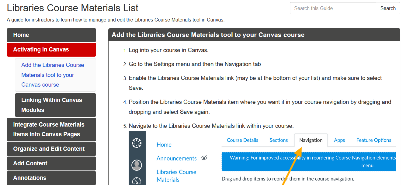 screenshot of the Course Materials libguide