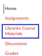 Screenshot of Libraries Course Materials in the Canvas menu