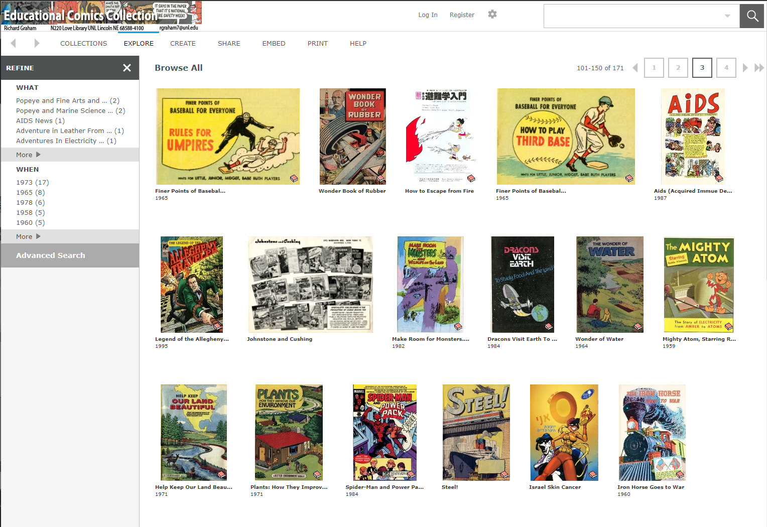 Screenshot of the listing of educational comics available in our collections