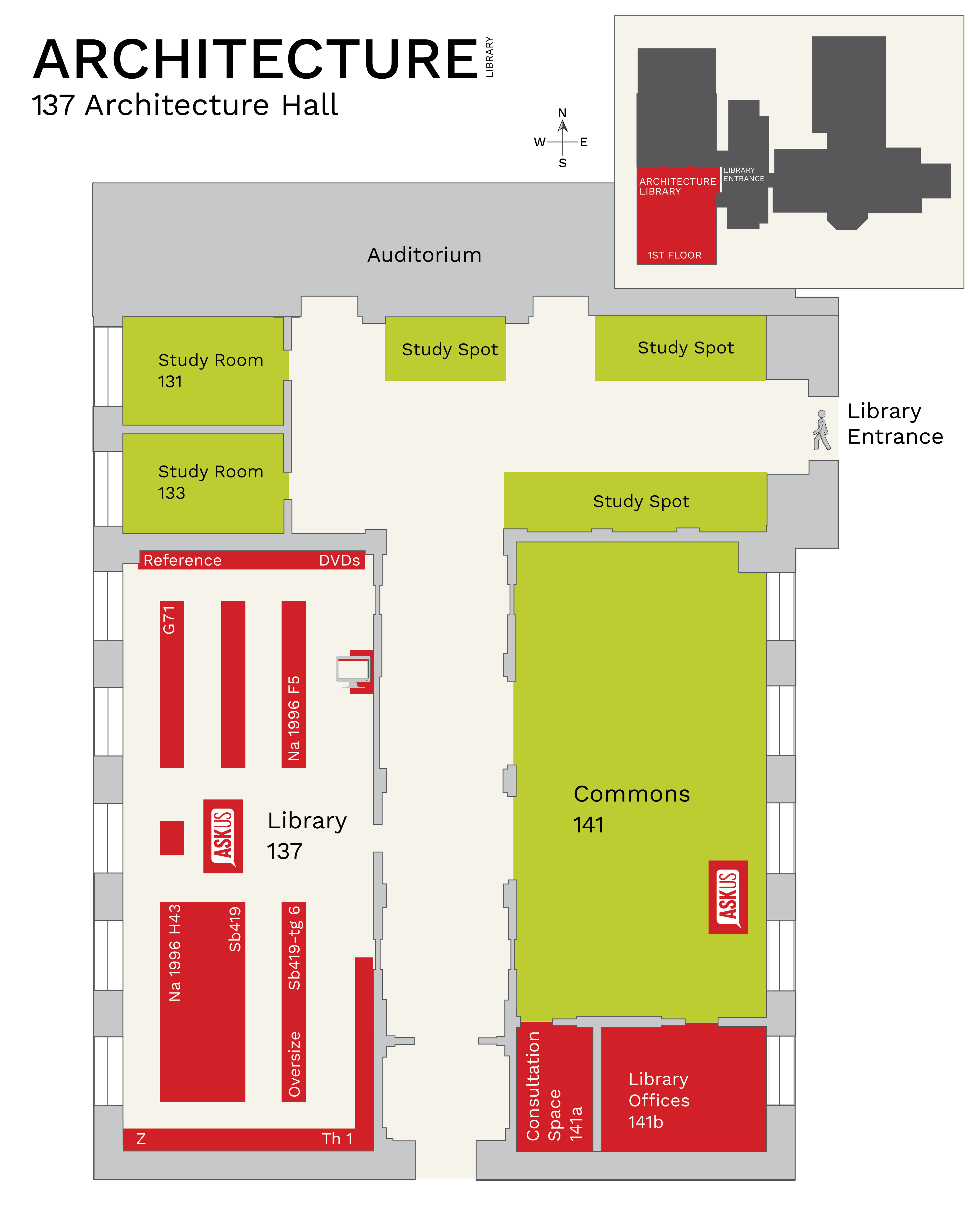 Image of sideview and floor map of Architecture Library