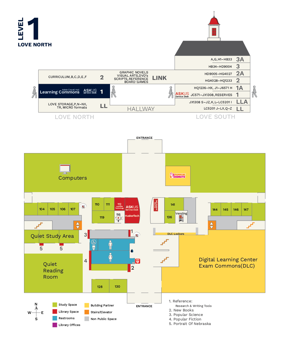 sideview and floor map of the 1st floor of Love North, Adele Hall Learning Commons