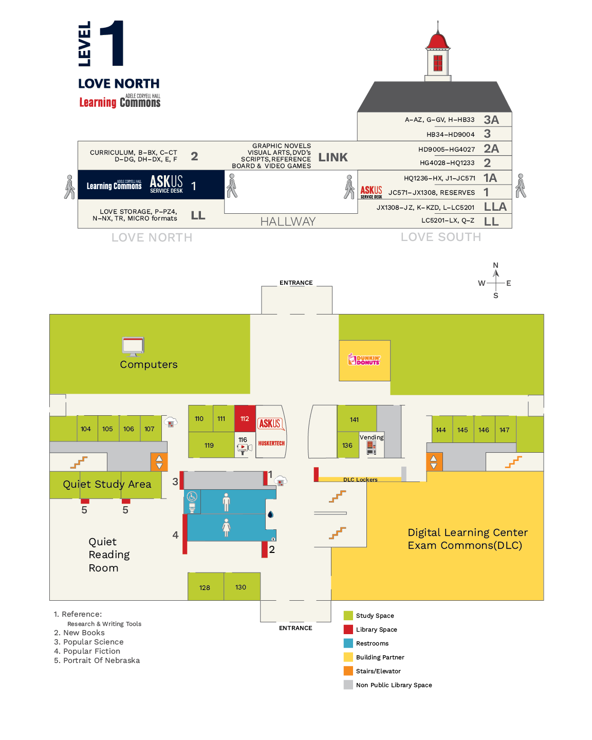  Image of sideview and floor map of Love North, Level 1 - Adele Hall Learning Commons