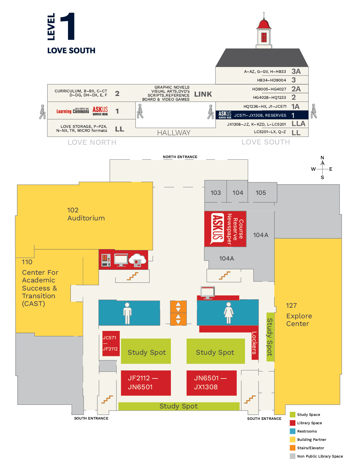 Image of sideview and floor map of Love South level 1 