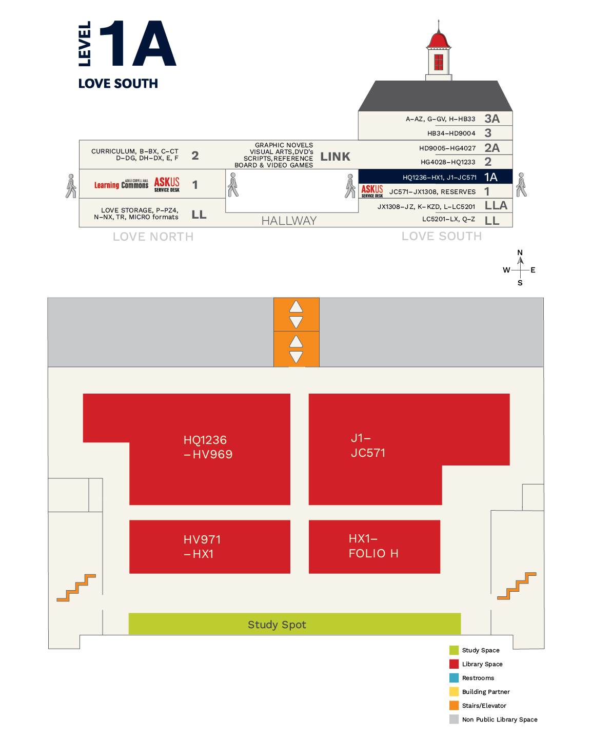 Image of sideview and floor map of  Love Library Level 1A