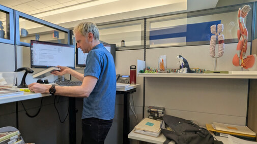 Staff member scanning in a book with 3d models of arms and vessels on the shelf behind him.