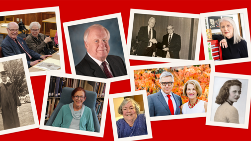 Photographs of various individuals arranged on a red background in a collage.