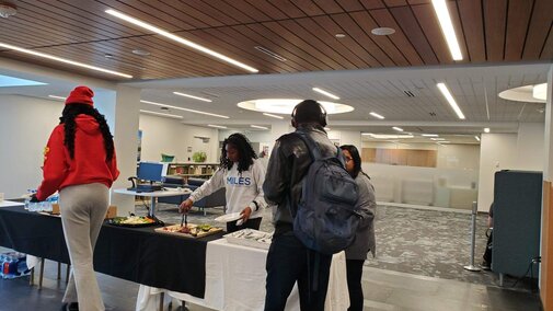 Students going through food line