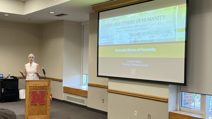 Beth Dotan, research assistant professor, leads a session on using the digital project "Nebraska Stories of Humanity" in high school classrooms.