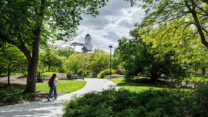 A singular woman walks along a concrete path surrounded by green summer grass and trees.