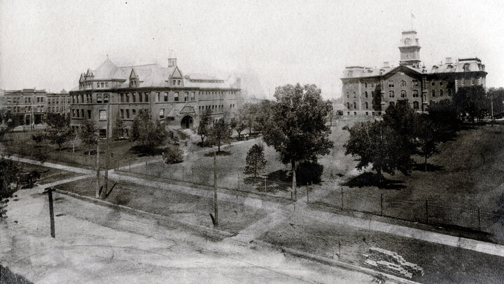 Looking north from R Street, this undated photo shows two of the earliest buildings on the University of Nebraska's original four-block campus — Architecture Hall (at left), which was originally a library, and University Hall (right). University Hall, the first building on campus, was demolished in 1948. Architecture Hall, built in 1892, is the oldest structure on campus.