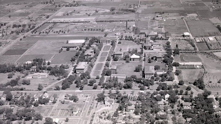 In this aerial view of east campus from 1941, Love Memorial Hall (on the lower left) had recently been completed and would soon provide housing for 48 students.
