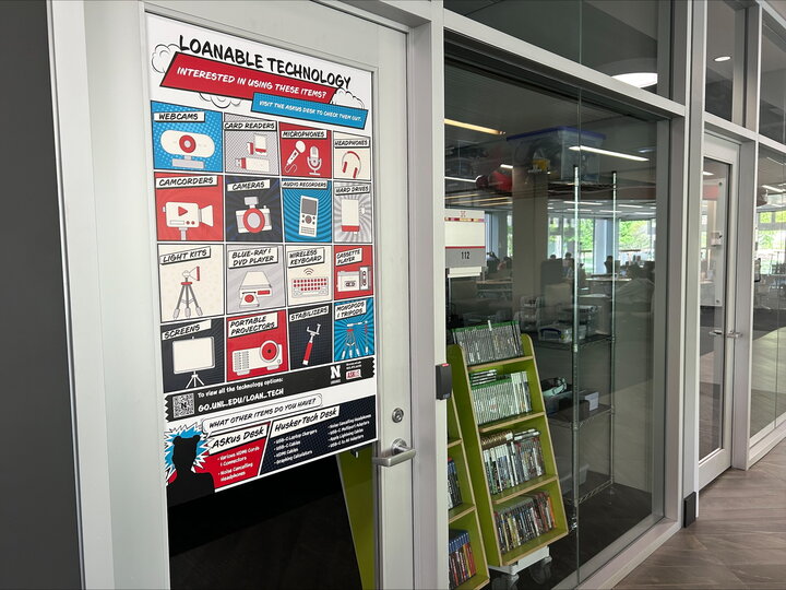 Loanable technology room with poster of equipment on the door.
