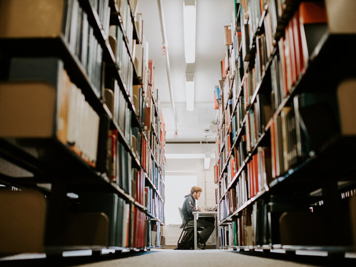 Photo of study spaces in Love Library stacks