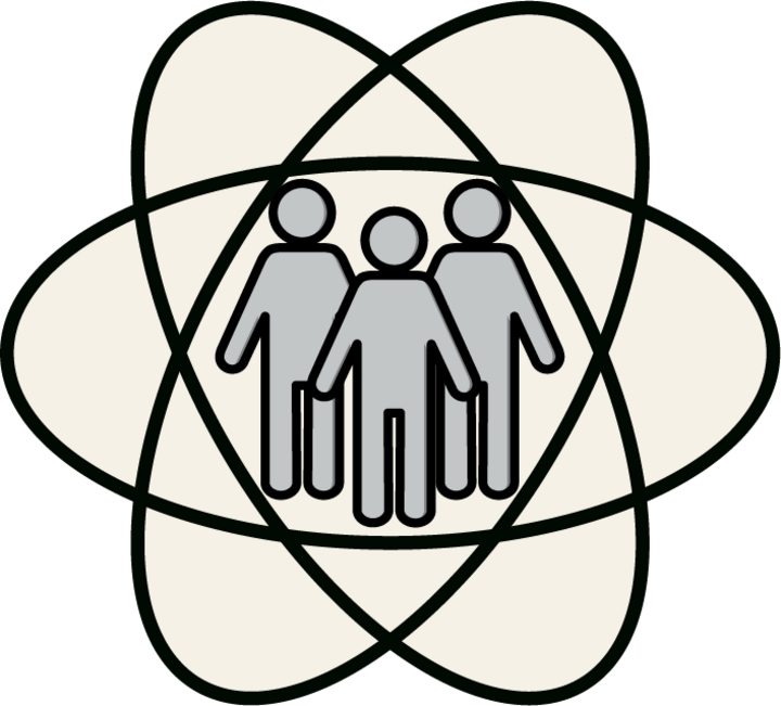 decorative icon of an atom symbol with people inside