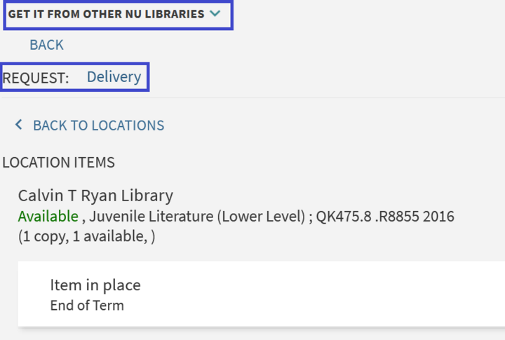 Screenshot of an item available from UNL with the delivery option highlighted with a box around it