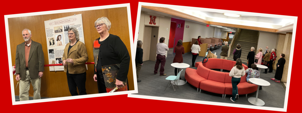 Helen's adult children standing by a display; a lounge with people gathered around red seating.