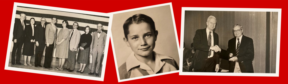 Black-and-white photos: a formal group, a young boy, and two men shaking hands, set on a red background.