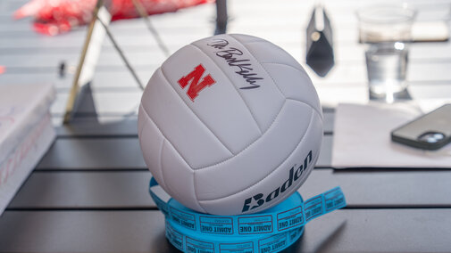 Raffle prize of a volleyball signed by Dani Busboom-Kelly