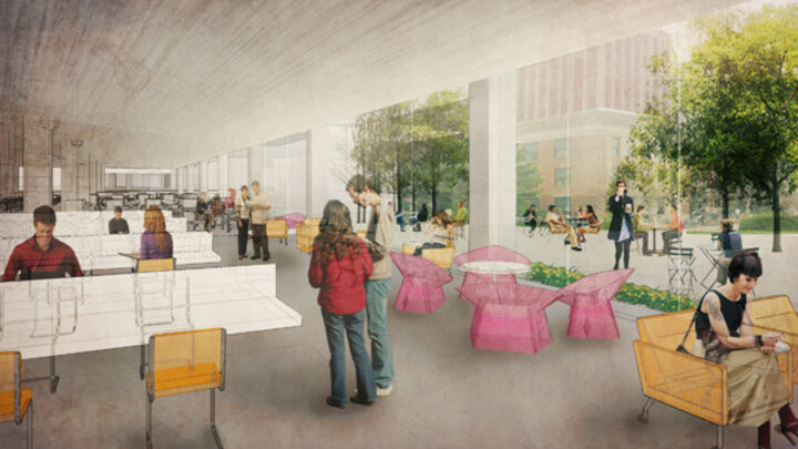 A concept drawing of the interior of the library commons project proposed for the first floor of Love Library North.