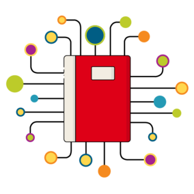 decorative icon of a book with wires sticking out.